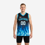 Men's royal blue basketball jerseys with black flame sublimation pattern, arced team name on chest and front number 00, front and back view