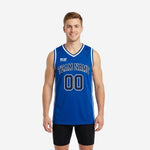 Custom royal blue basketball jerseys with white V-neck trim, arched team name across chest, and bold navy front number outlined in white
