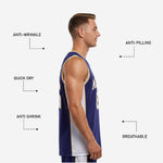 Back view of royal blue basketball jersey showing back player name and number sublimated in white with gold outline