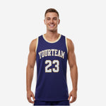 Custom royal blue basketball jerseys in navy and gold with white side panels, front and back view showing arched team name and number 23