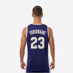 Right side view of custom navy basketball jersey with white side panel and gold trim running from armhole to straight hem