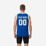 Opposite side view of blue and white custom basketball jersey displaying clean side panel and armhole binding detail