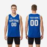 Size chart for royal blue custom basketball jerseys showing youth and adult sizing dimensions and measurements