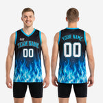 Size and spec chart for men's royal blue basketball jerseys showing youth and adult size measurements