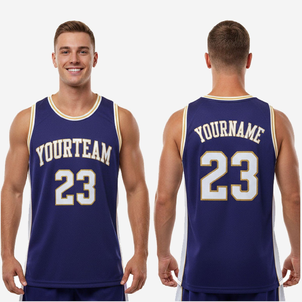 Custom Royal Blue Basketball Jerseys - Gold and Navy Design