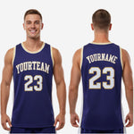 Size and specification chart for custom royal blue basketball jerseys available in youth and adult sizing