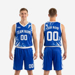 Full set back view of fully sublimated basketball uniforms in royal blue showing player name and back number on jersey
