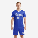 Royal Blue custom soccer uniform kit front view with white V-neck collar and arched team name lettering