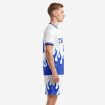 Side view of sublimated Royal Blue flame soccer kit with matching shorts, K2 Sportswear