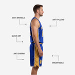 Close detail of Royal Blue custom basketball jersey with Athletic Gold number and white outline trim