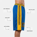Size and spec sheet for custom royal blue and gold basketball shorts showing youth through adult sizing for full roster orders