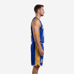 Side view of Royal Blue and Gold custom basketball uniform set showing gold panel insert on jersey and shorts