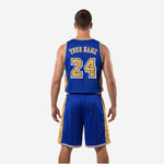 Back view of custom basketball uniform in Royal Blue and Gold with player name and number 24