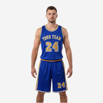 Front view of Royal Blue and Gold custom basketball uniforms with arched team name and number 24