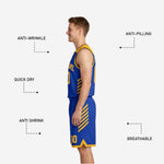 Back view of custom reversible basketball uniform set in royal blue and gold with back number and name print zone visible