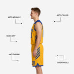 Shorts detail of royal blue and gold reversible basketball uniform showing player number on left leg and gold hem trim