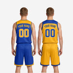 Size and specification sheet for royal blue and gold reversible basketball uniforms showing youth and adult sizing chart