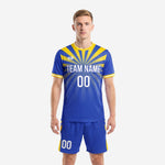 Royal blue and gold sublimated soccer uniform with sunburst design, front view, blank soccer uniforms by K2 Sportswear