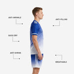 Close-up of Royal Blue gradient custom soccer jersey with V-neck collar white trim and sublimated team name print