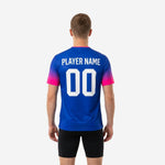 Chest detail of Royal Blue custom soccer training jersey with hot pink V-neck trim and sublimated team name print