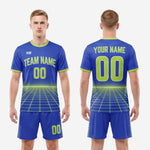 Back view of the Royal Blue Neon Green custom blue soccer uniform showing the player surname and back number in Neon Green print