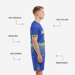 Detail view of the Royal Blue custom soccer shorts with Neon Green grid side stripe and player number on the right leg