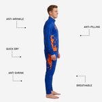 Royal blue custom soccer tracksuit full-zip stand collar jacket with orange sublimated splash print and team number on chest