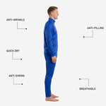 Custom royal blue soccer tracksuit pants detail showing elastic waistband and white player number on upper thigh