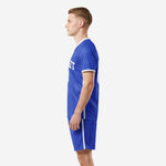 Royal Blue sublimated soccer uniform right side view with white side stripe on matching shorts