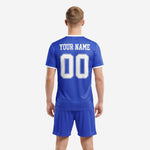 Soccer uniform design detail on Royal Blue sublimated jersey with vertical pinstripe texture