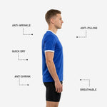 Full side profile of a mens royal blue sublimated soccer training jersey showing lightweight polyester fabric and athletic cut silhouette