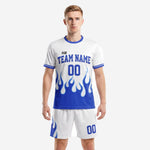 Front view of Royal Blue and White flame custom soccer uniform, vintage soccer kit by K2 Sportswear
