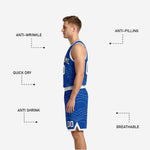 Back view of royal blue and white reversible basketball uniform set showing back number and player name print zones on blue side