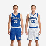 Jersey detail of custom reversible basketball uniform in royal blue showing V-neck binding and sublimated topographic contour line pattern