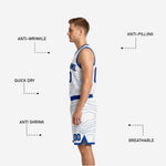 Shorts detail of custom reversible basketball uniform in royal blue with topographic contour pattern and white waistband and hem trim