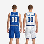 Size and specification sheet for custom royal blue and white reversible basketball uniform sets in youth and adult sizes