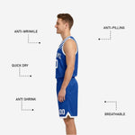 Back view of royal blue and white reversible basketball uniforms displaying back number and player name print zone