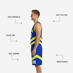 Back view of royal blue reversible basketball uniform set with number placement and chevron stripe design across the shorts