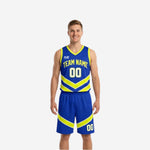 Royal blue and white reversible basketball uniforms with neon yellow-green chevron stripes, front and back view of full 2-piece set