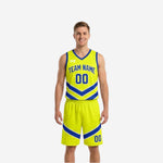 Custom royal blue reversible basketball uniforms front view showing arched team name, number 00, and bold chevron side panels