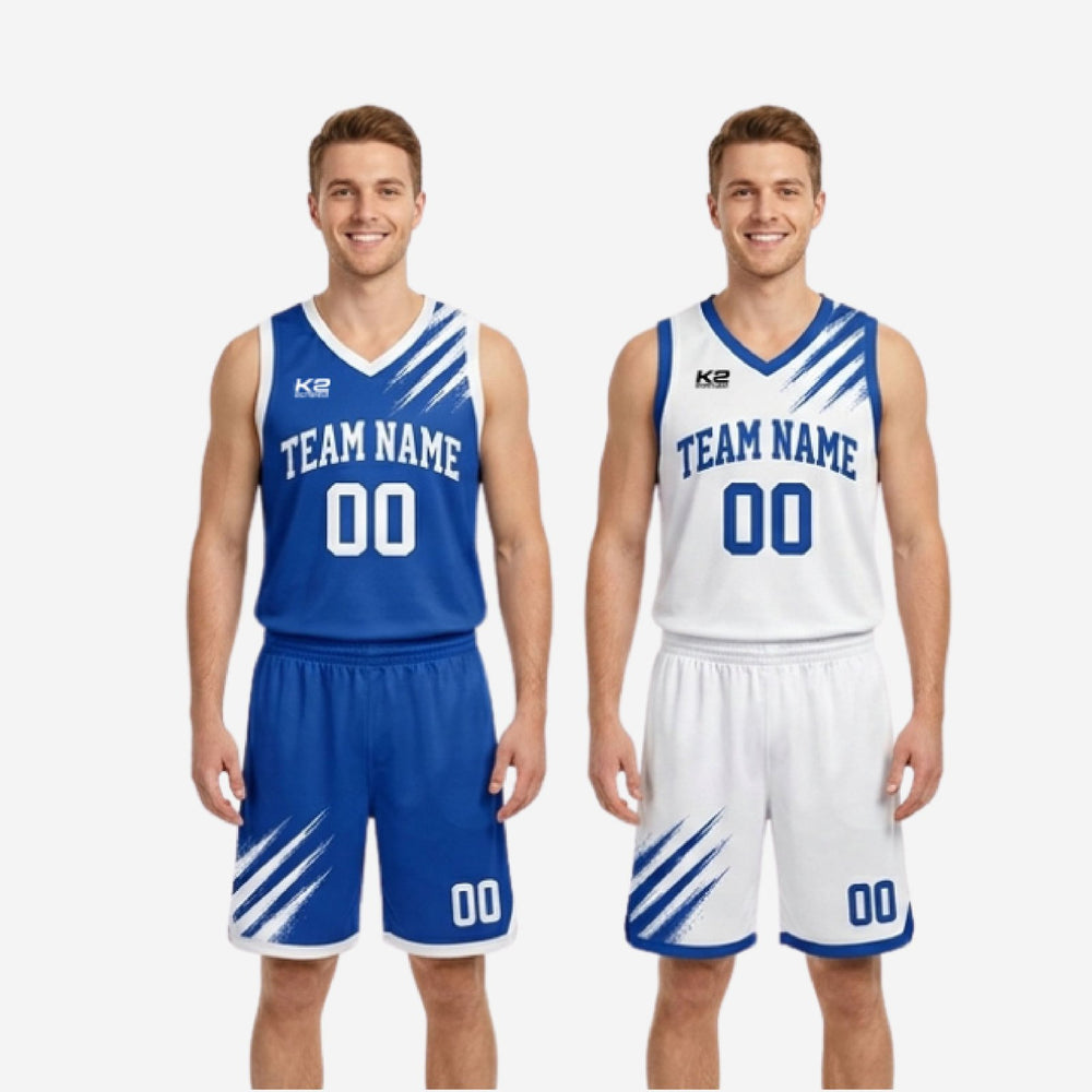 Season Long Custom Royal Blue and White Reversible Basketball Uniforms
