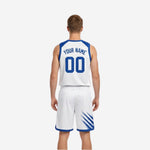 Other side panel view of the royal blue and white reversible basketball uniform set showing matching shorts side trim