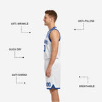 Shorts detail of royal blue reversible basketball uniform set showing white brush-stroke lower-side panels and hem trim