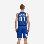Side view of royal blue and white reversible basketball uniform showing armhole binding and side panel construction