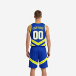 Royal blue and neon yellow-green reversible basketball uniform side view showing chevron stripe continuity from jersey to shorts