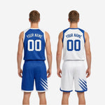 Size and specification sheet for royal blue and white reversible basketball uniforms covering youth and adult sizing