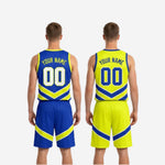 Size and specification sheet for royal blue and white reversible basketball uniforms available in youth and adult sizing