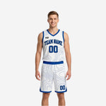 White side front view of custom royal blue and white reversible basketball uniforms with blue topographic lines and blue team name and number on white face
