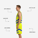 Neon yellow-green side of reversible basketball uniform showing blue chevron panels and team name in full sublimation print