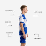 Matching Royal Blue and white soccer shorts with player number and splash print sublimation detail